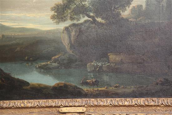 Attributed to Richard Wilson (1714-1782) River landscape with hilltop castle 16.5 x 23.25in.